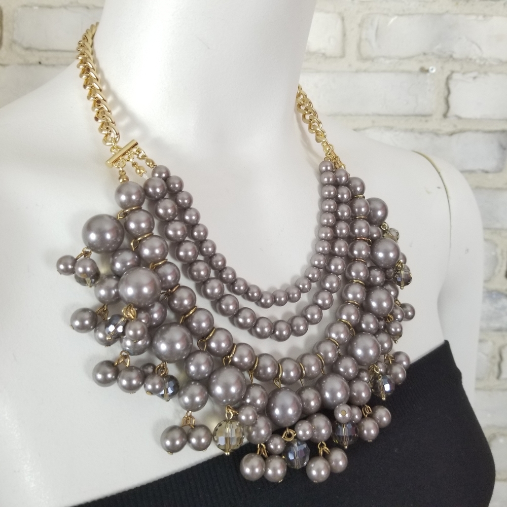 Chuncky Crystal Faux Pearls Lilac Chocolate Bib Wo